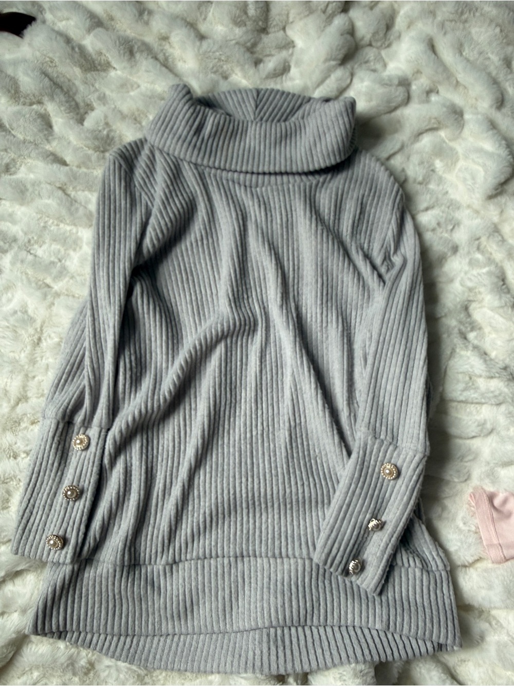 Ribbed Cowl Neck Sweater with Button Cuff - Light Gray